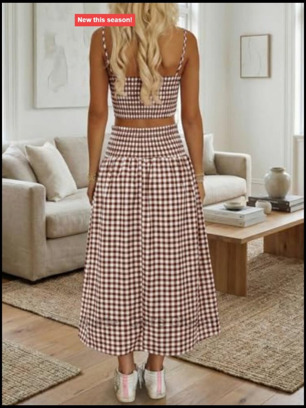 Women's 2-Piece Gingham Crop Top and Midi Skirt Set Summer Vacation Outfit - Picture 3 of 7